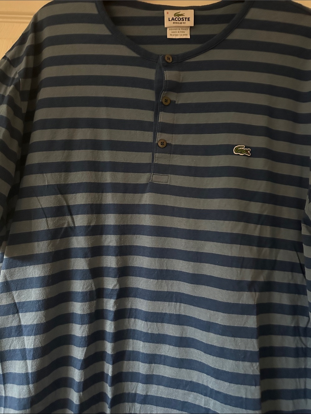 Lacoste Men’s Navy and Light Blue Striped Long Sleeve Henley